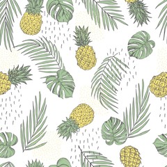Vector summer seamless pattern with hand drawn tropical plants and  pineapples.  Sketch  illustration.