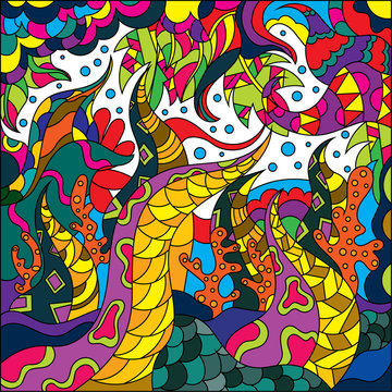 Abstract illustration in the style of doodling with elements of nature and plants.