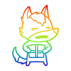 rainbow gradient line drawing cartoon wolf with a gift