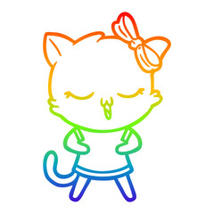 rainbow gradient line drawing cartoon cat with bow on head