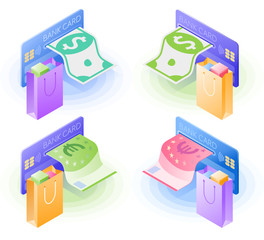 The credit card, paper euro and dollar, shopping bag with goods. Flat vector isometric illustration set. The web paying and purchase, internet store and market, online order and shopping concept.