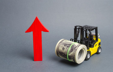 Yellow Forklift truck carries a big bundle of dollars and red arrow up. Economic reforms, emerging markets. Growth of income and profit. progress of industrial and logistics industries, wage growth