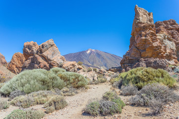 View of  Volcano  El Teide  with volcanic rocks in The National Park of Las Canadas del Teide. Best place to visit  and walk in Tenerife Canary Islands Spain.