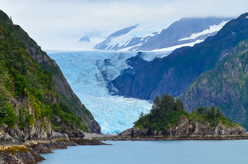 Distant view of a Holgate glacier in Kenai fjords National Park, Seward, Alaska, United States,...