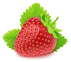 Composition with fresh strawberry and leaves isolated on a white background.