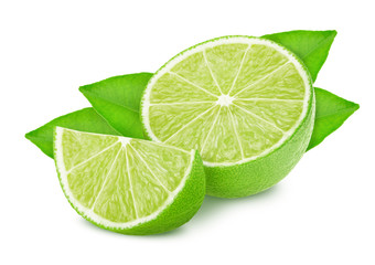 Half and slice of lime with leaves isolated on white background.