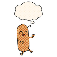 cartoon dancing sausage and thought bubble in comic book style
