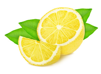 Half and slice of lemon with leaves isolated on white background.