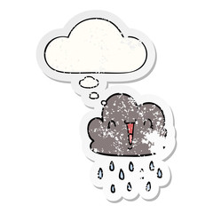 cartoon storm cloud and thought bubble as a distressed worn sticker