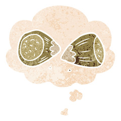 cartoon hazelnuts and thought bubble in retro textured style
