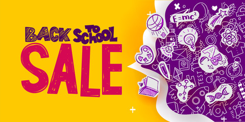 Back to School Sale banner with line art symbols of education, science objects on paper art cut out icons. Vector hand drawn doodle illustration. Hand lettering and ink drawings