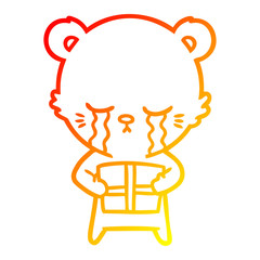 warm gradient line drawing crying cartoon bear with present