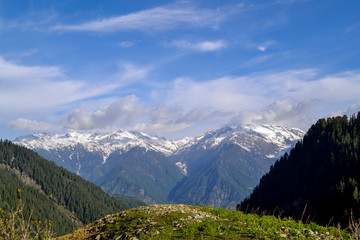 Obraz premium green meadow glacier and snow mountains