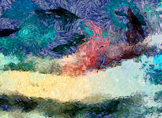 Creative art pattern in warm fun colors, design background painting in oil imitation. Colorful wallpaper and backdrop adapted for print products in best quality. Brush strokes and paint splashes. 