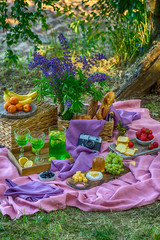 Bright picnic with different food: fruits cheese snacks and lemonade on grass near the water