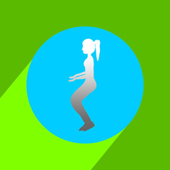 Fit young woman doing exercises  for body warming. Icon with long shadow and flat vector symbol.