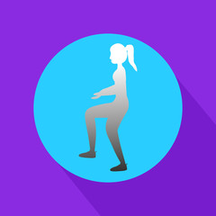 Fit young woman doing exercises  for body warming. Icon with long shadow and flat vector symbol.