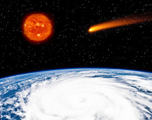 Earth, burning sun and flying comet. The elements of this image furnished by NASA.