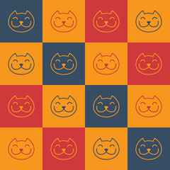 Vector background of cartoon logo style smiling cat head - seamless pattern made with red blue and yellow squares