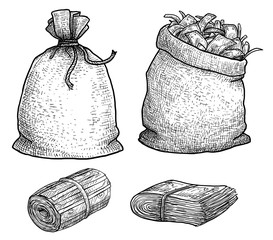 Money in bag illustration, drawing, engraving, ink, line art, vector