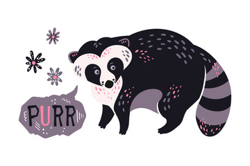 Vector flat hand drawn raccoon surrounded by plants and flowers. Lettering: Purr.