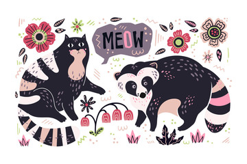 Vector flat hand drawn raccoon and cat surrounded by plants and flowers.