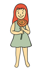 Vector cartoon style illustration of a little smiling girl holding a big beautiful flower isolated on white background
