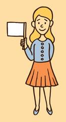Vector cartoon style illustration of a happy smiling girl holding a white flag (empty banner) for your design