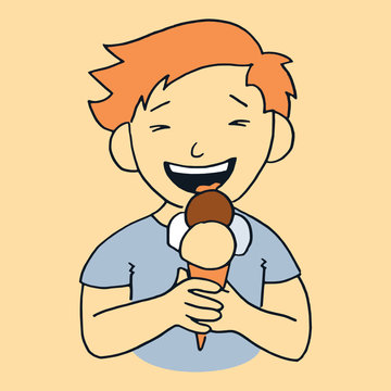 Vector cartoon style illustration of little smiling kid eating a big ice cream