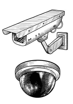 Security camera illustration, drawing, engraving, ink, line art, vector