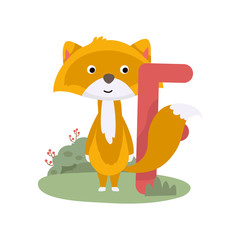 Vector cute kids animal alphabet. Letter F for the fox. Cute Animal Vector illustration fox.