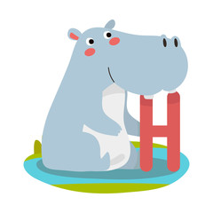 Vector cute kids animal alphabet. Letter H for the hippopotamus. Cute Animal Vector illustration hippopotamus.
