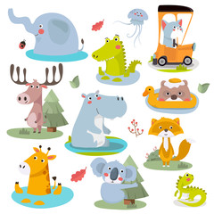 Cute Animal Vector illustration.Fun zoo. Illustration of cute alligator, crocodile, elephant, jellyfish, cat, deer, hippopotamus, bear, giraffe, fox, koala, iguana.