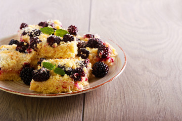 Blackberry and coconut crumble slices