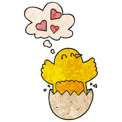 cute hatching chick cartoon and thought bubble in grunge texture pattern style