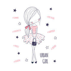 Urban girl. Childish doodle graphic for kids clothing