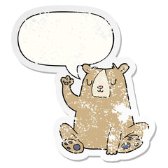 cartoon bear;waving and speech bubble distressed sticker