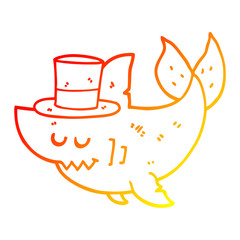 warm gradient line drawing cartoon shark wearing top hat