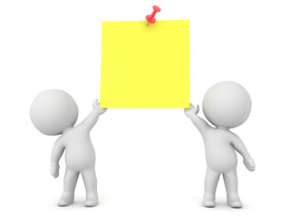 Two 3D Characters holding up a yellow sticky note with red pin