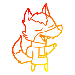 warm gradient line drawing cartoon wolf in scarf laughing