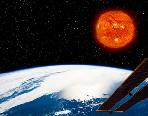 Earth and burning sun. Big star. The elements of this image furnished by NASA.