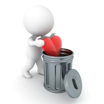 3D Character putting red heart in a garbage can