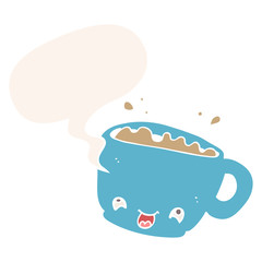 cartoon cup of coffee and speech bubble in retro style