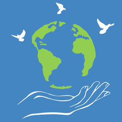 Conceptual vector illustration of freedom on the planet Earth. Living in a clean and supportive environment. Globe in women's hands and soaring doves. Protection of nature and people.