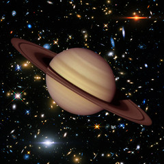 Planet Saturn, with space background. Galaxies and stars on the backdrop. The elements of this...