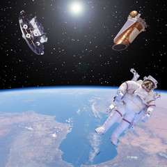 Spacecrafts in outer space. Astronaut in space. The elements of this image furnished by NASA.