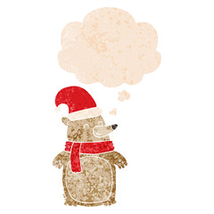 cartoon christmas bear and thought bubble in retro textured style