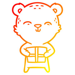warm gradient line drawing happy cartoon bear with gift