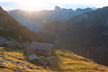 Capanna Cornavosa in the beautiful Ticino mountains, Switzerland, just before sunset.