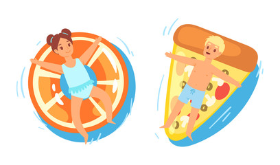 People on inflatable mattress vector kids boy and girl children cartoon characters in swimsuit on floating doughnut in swimming-pool illustration of girls boys in sea or pool isolated on background